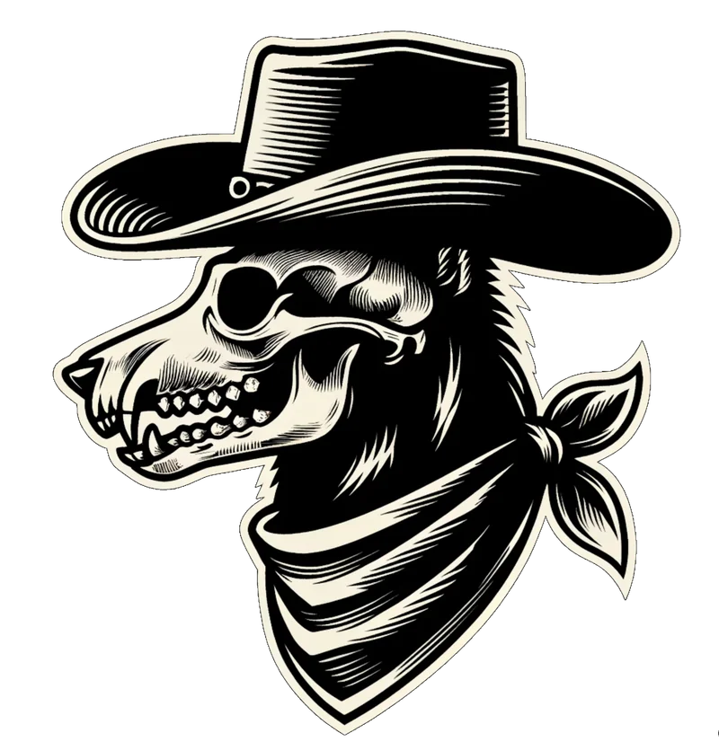 Emblema da Alma K9: cão-caveira de chapéu de cowboy e lenço